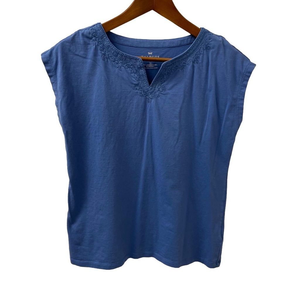 Talbots Women's Short Sleeve Top Blue Purple Embroidery Size Small Petite
